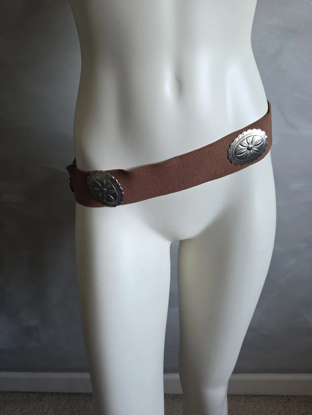 Western Style 5 Concho Tin Belt Brown Elastic Hook Eye Closure One Size